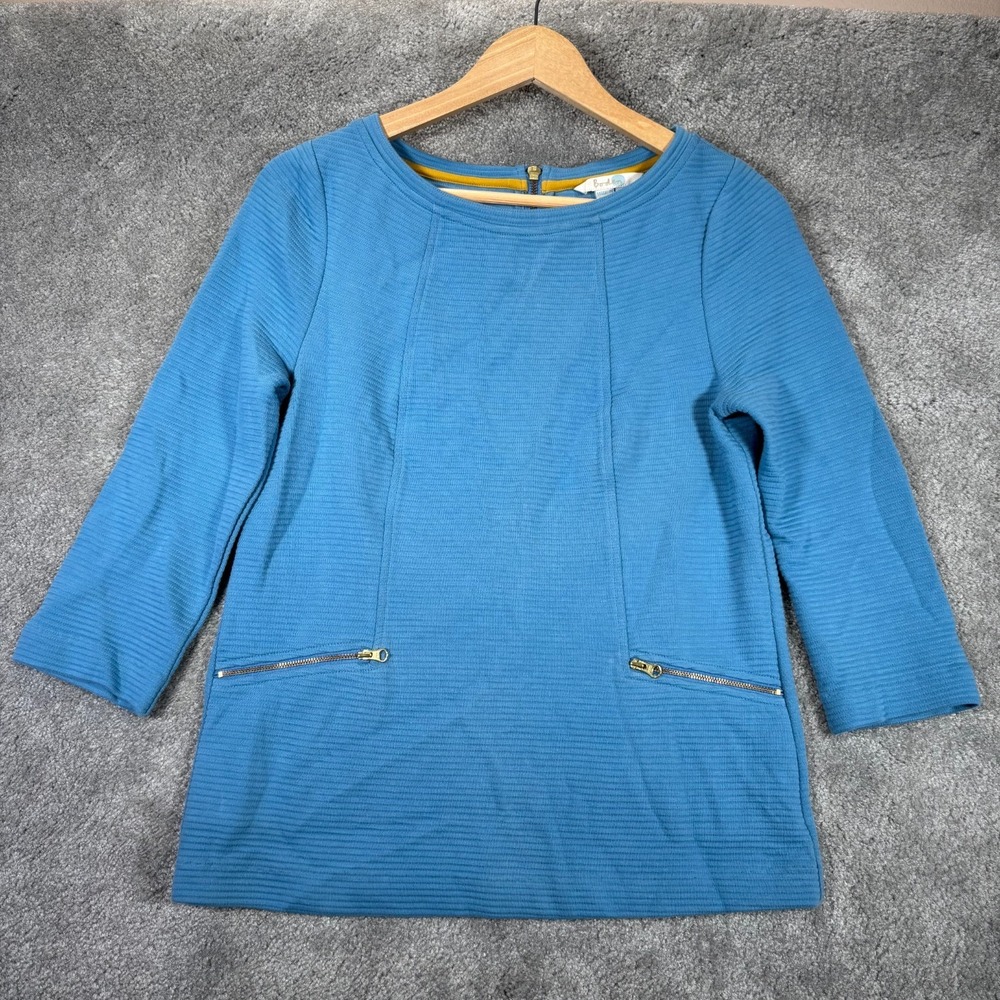 Boden Tunic Top Womens 4 Blue Ottoman Ribbed Boat Neck 3/4 Sleeve Zip Pockets
